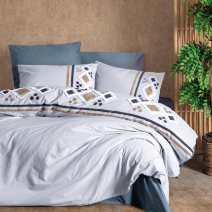 Спално бельо „Stesso Gray“-puff бродерия-Памук Ранфорс-6 части-Cotton Box